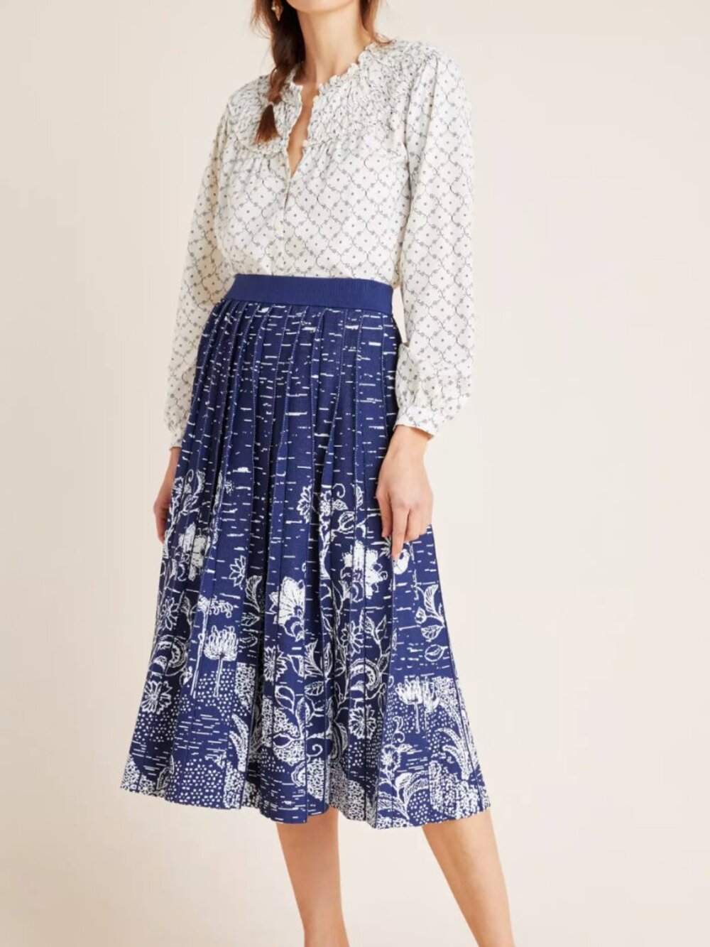 Anthropologie / Haven / pleated midi dress  / Women's Medium / Navy-white